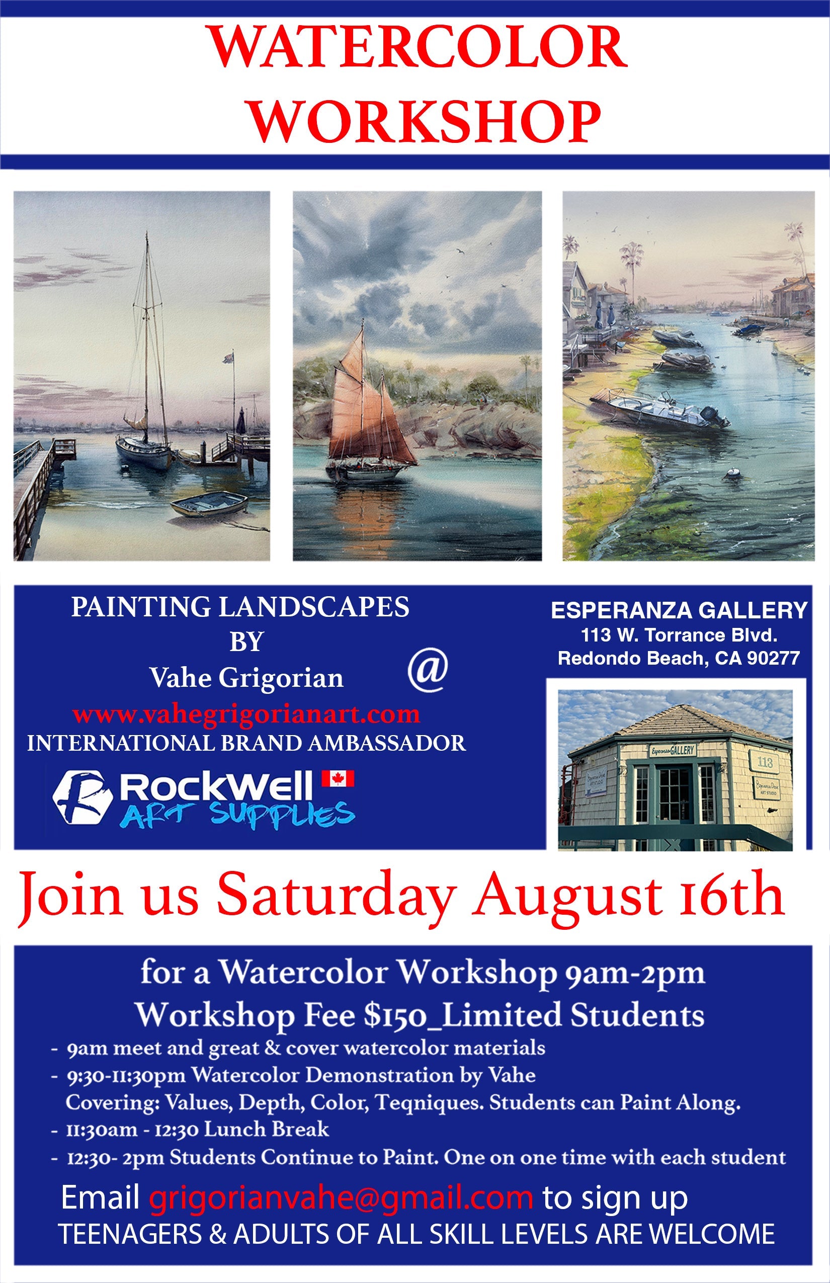 Please join us Saturday August 16th for a Watercolor Workshop in Redondo Beach