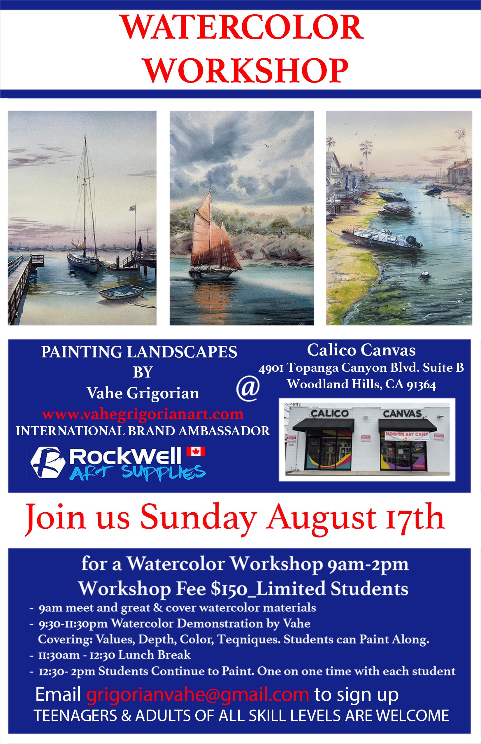 Join us Sunday August 17th in Woodland Hills for a Watercolor Workshop
