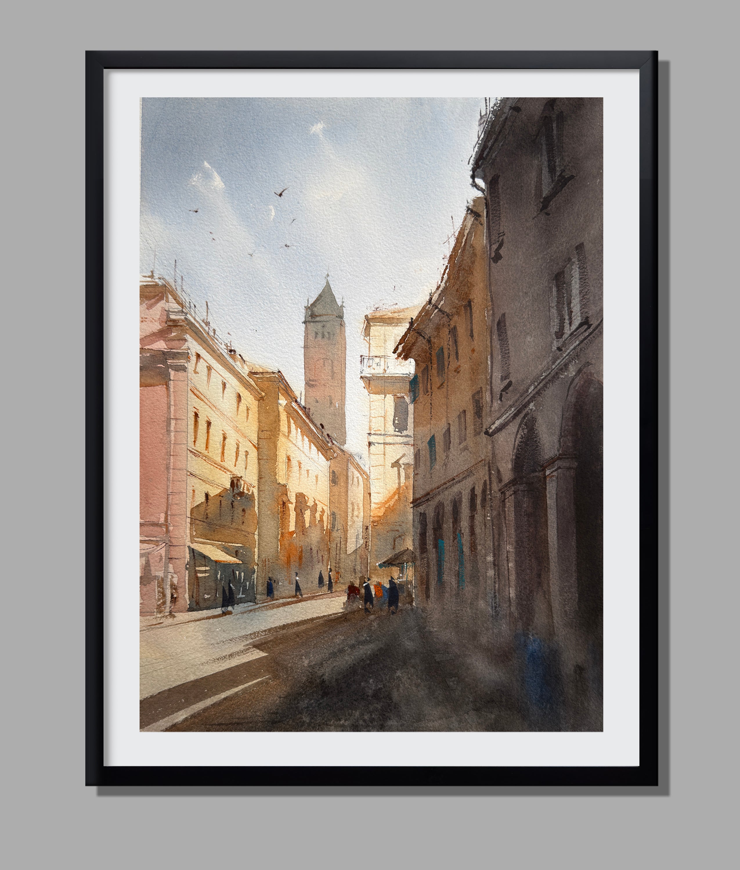 Golden Twilight on a Bologna Street — Original Watercolor Painting