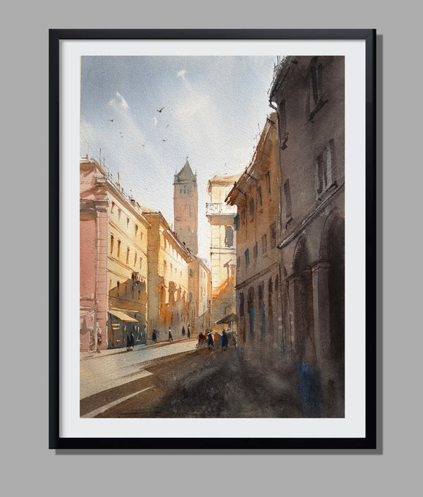 Golden Twilight on a Bologna Street — Original Watercolor Painting