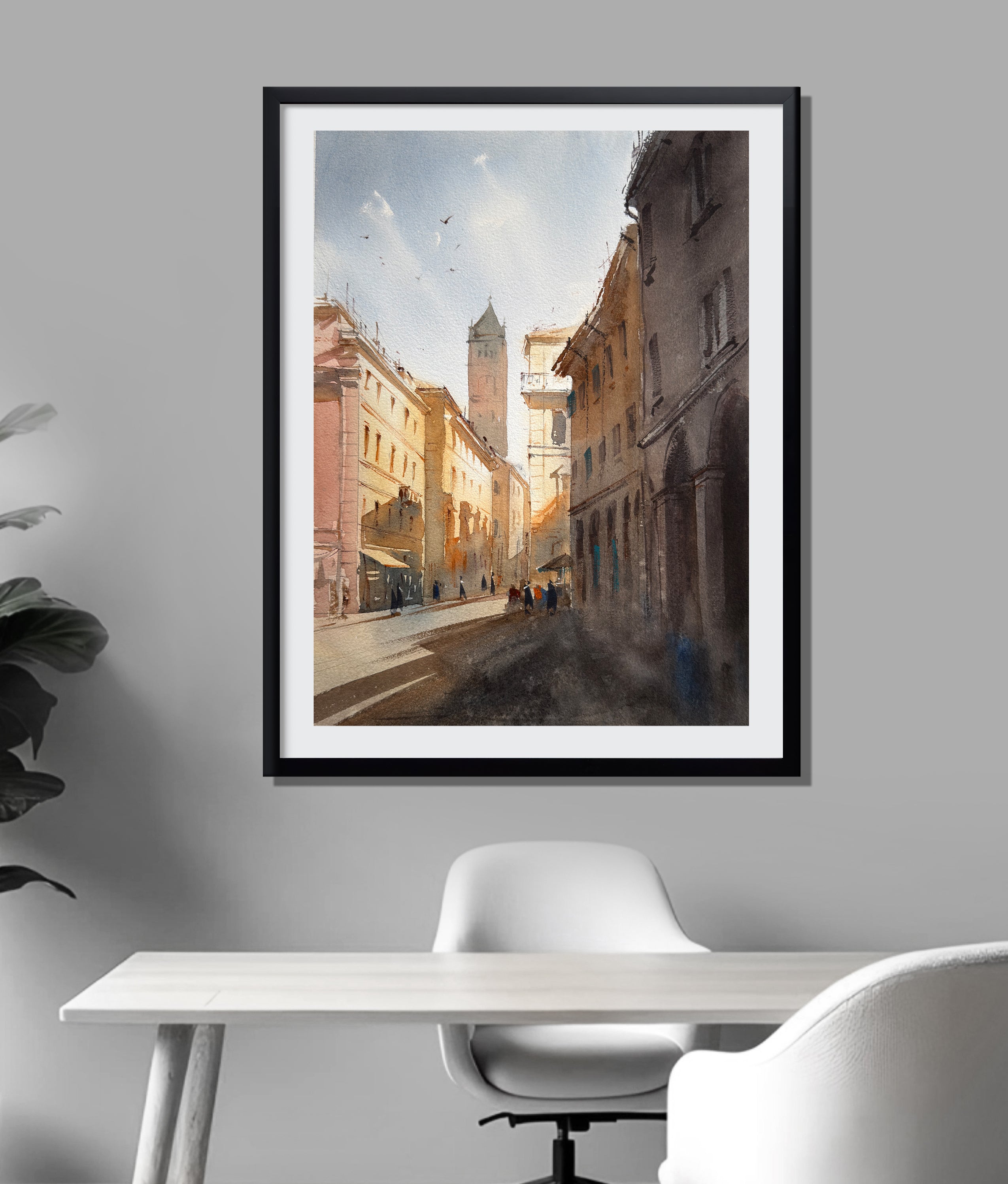 Golden Twilight on a Bologna Street — Original Watercolor Painting