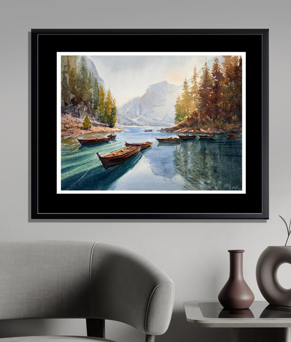 Morning at Lake Braies — Watercolor Painting of Lake Braies, Italy