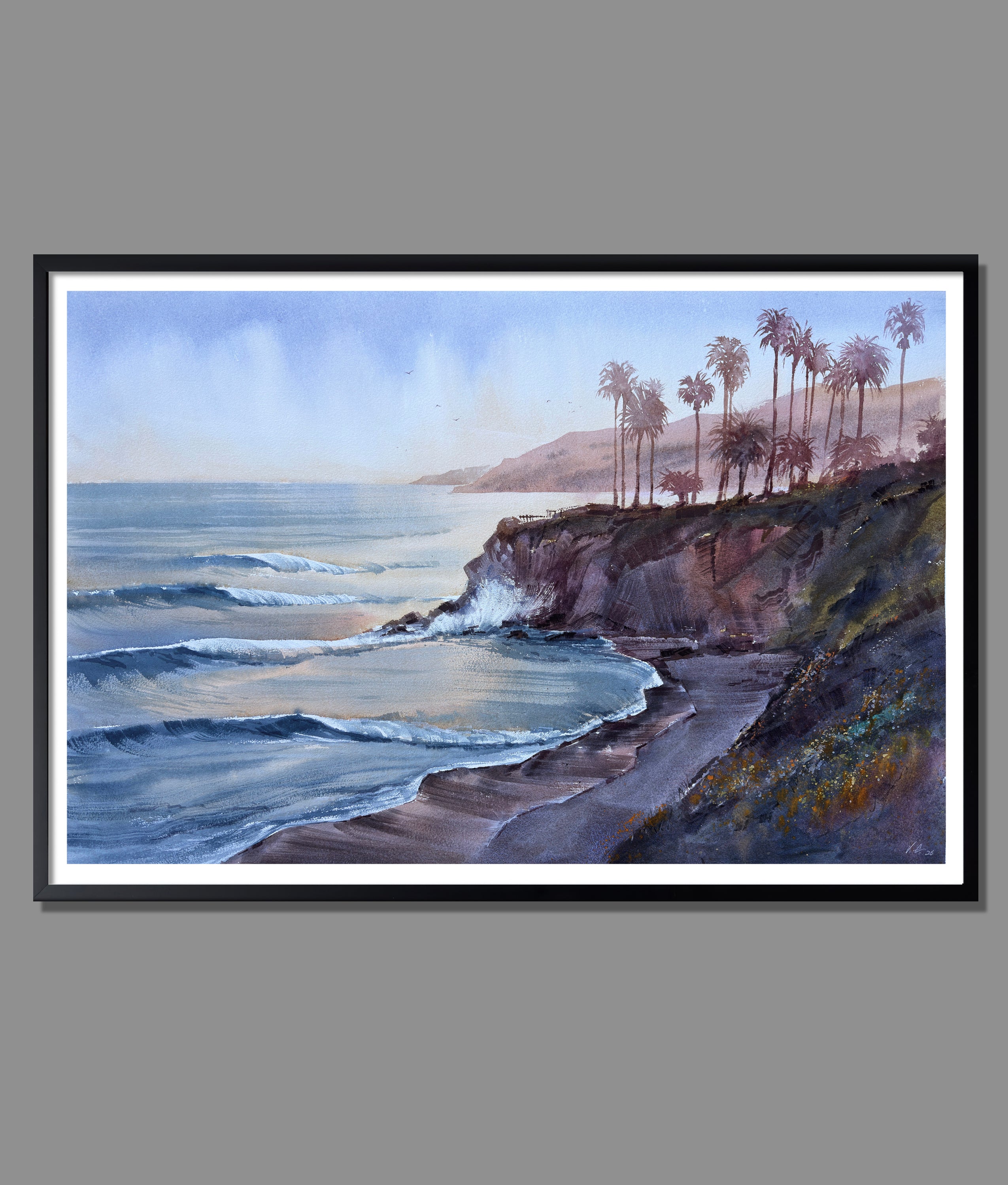 California Seascape Watercolor — Sunset Cliffs & Palms