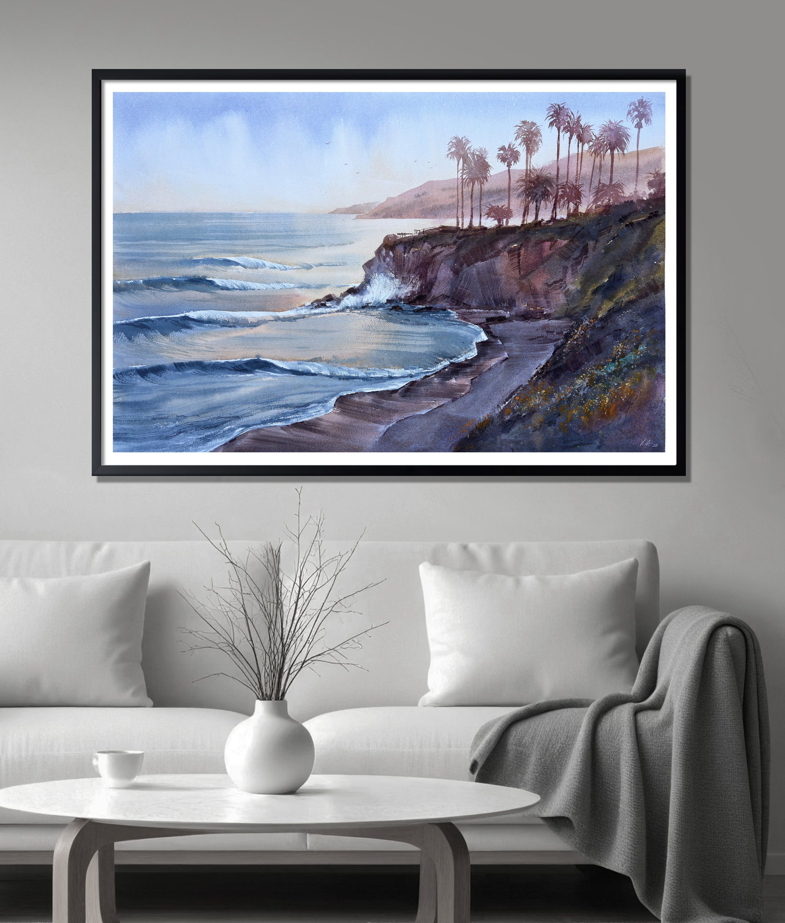 California Seascape Watercolor — Sunset Cliffs & Palms