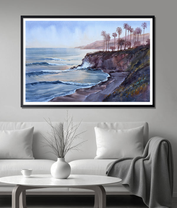 California Seascape Watercolor — Sunset Cliffs & Palms