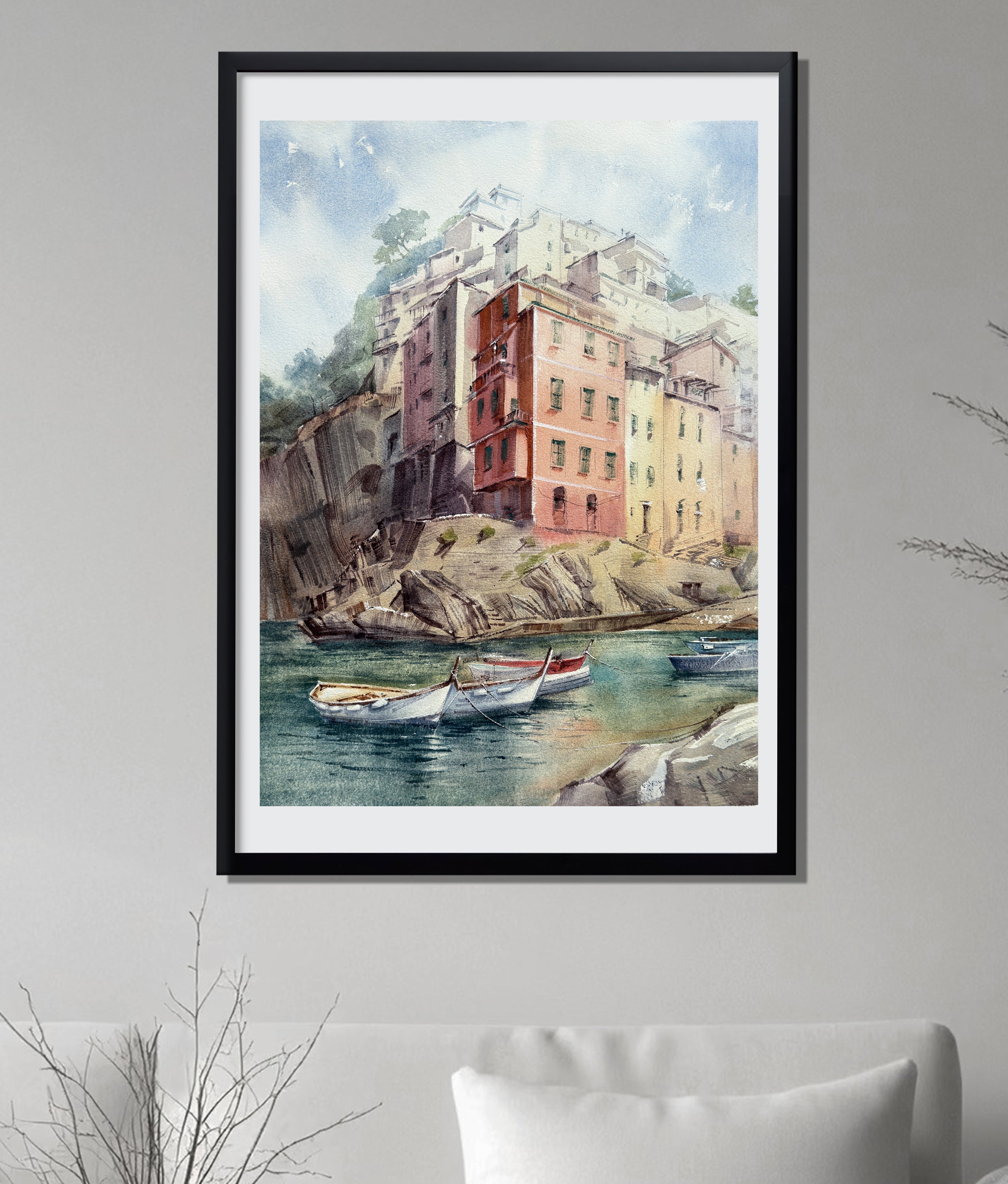 Cinque Terre Watercolor Painting — Italian Coast Houses & Boats
