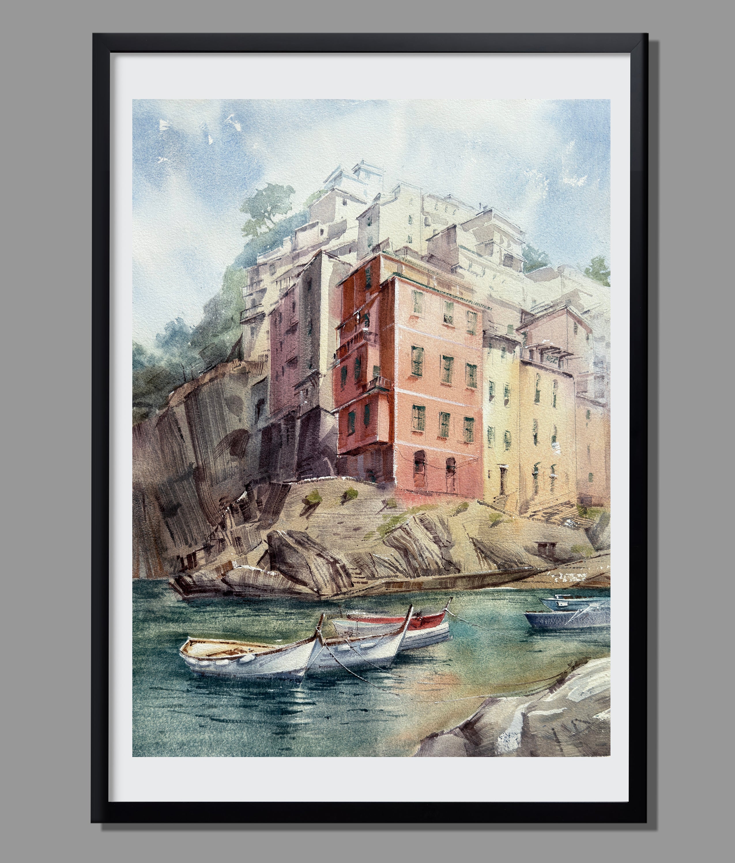 Cinque Terre Watercolor Painting — Italian Coast Houses & Boats