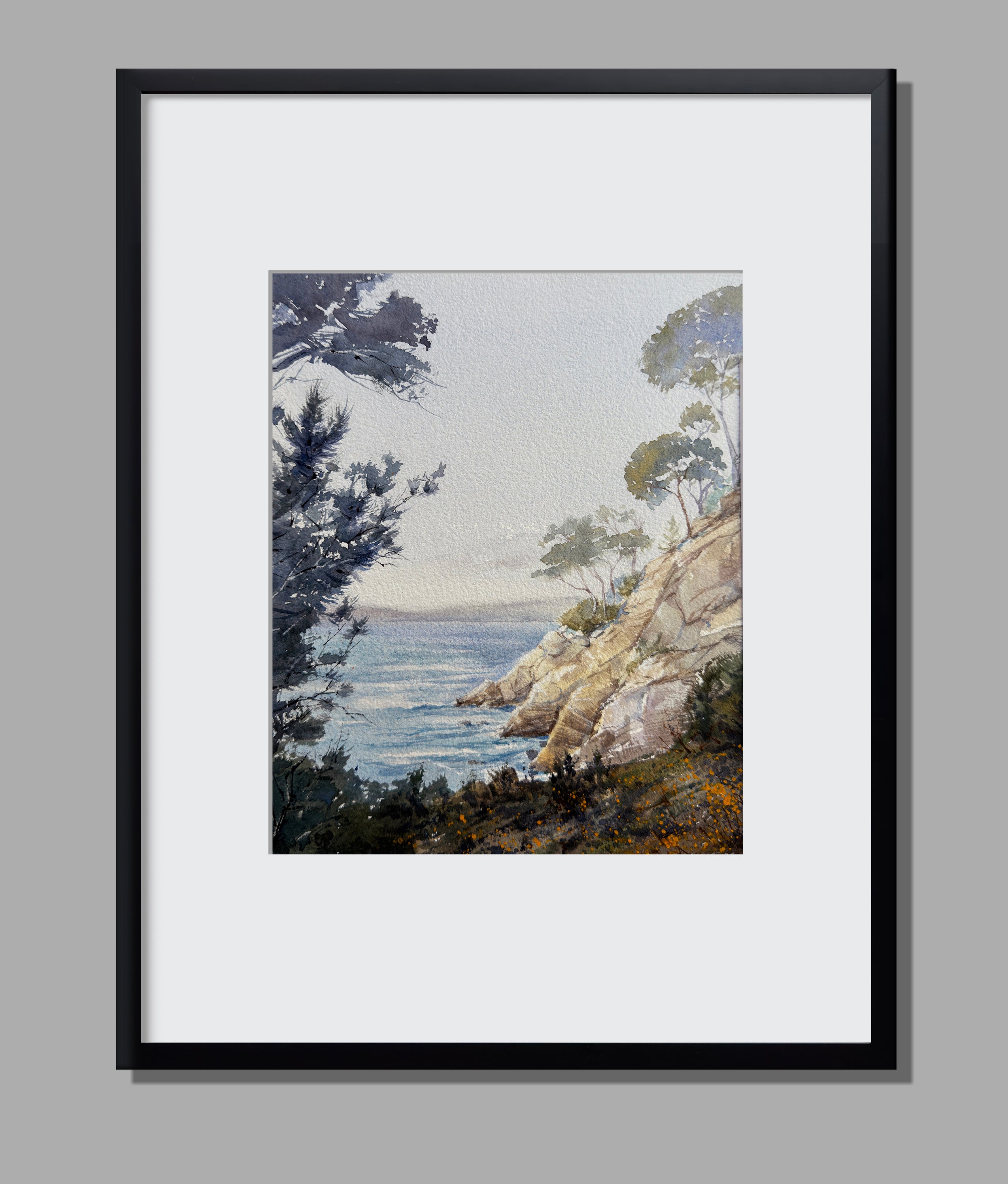 California Coast Watercolor Painting — Ocean Cliffs & Cypress