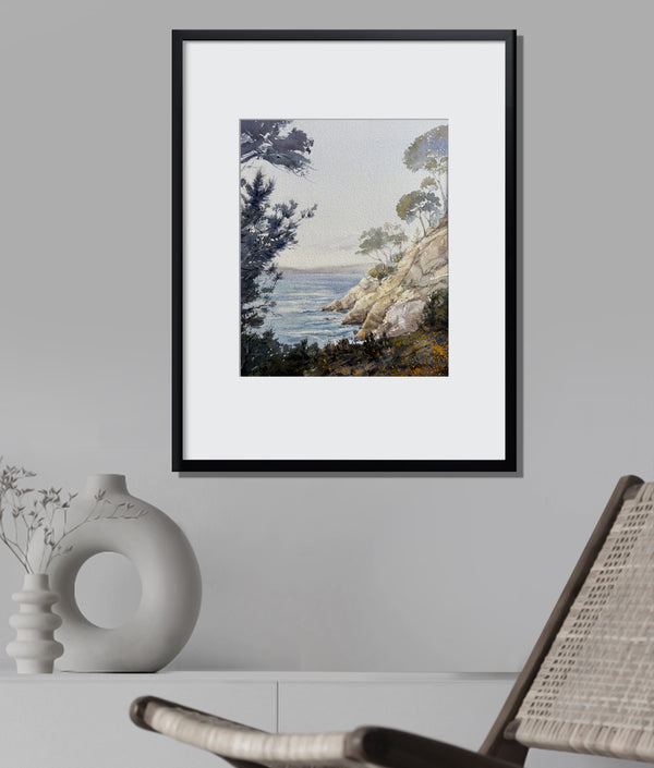 California Coast Watercolor Painting — Ocean Cliffs & Cypress