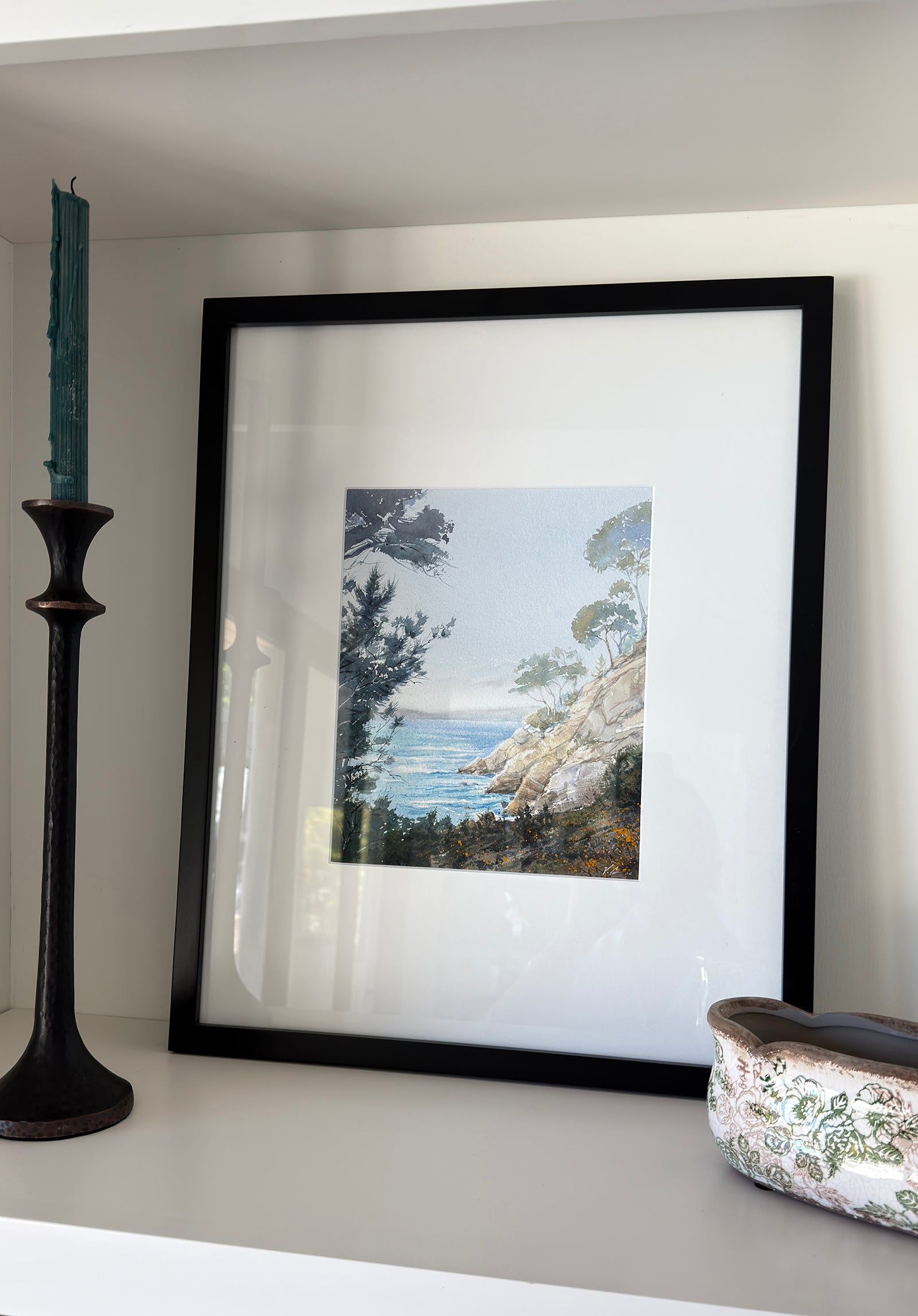 California Coast Watercolor Painting — Ocean Cliffs & Cypress