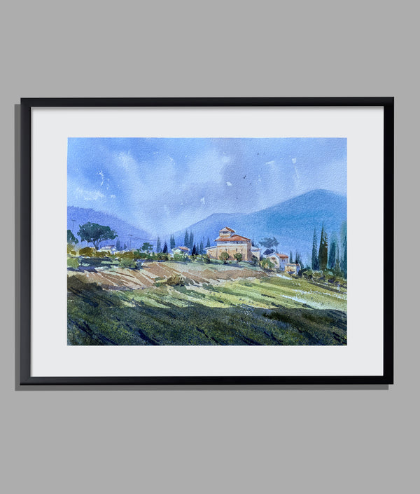 Tuscan Sunlit Hills — Watercolor Landscape