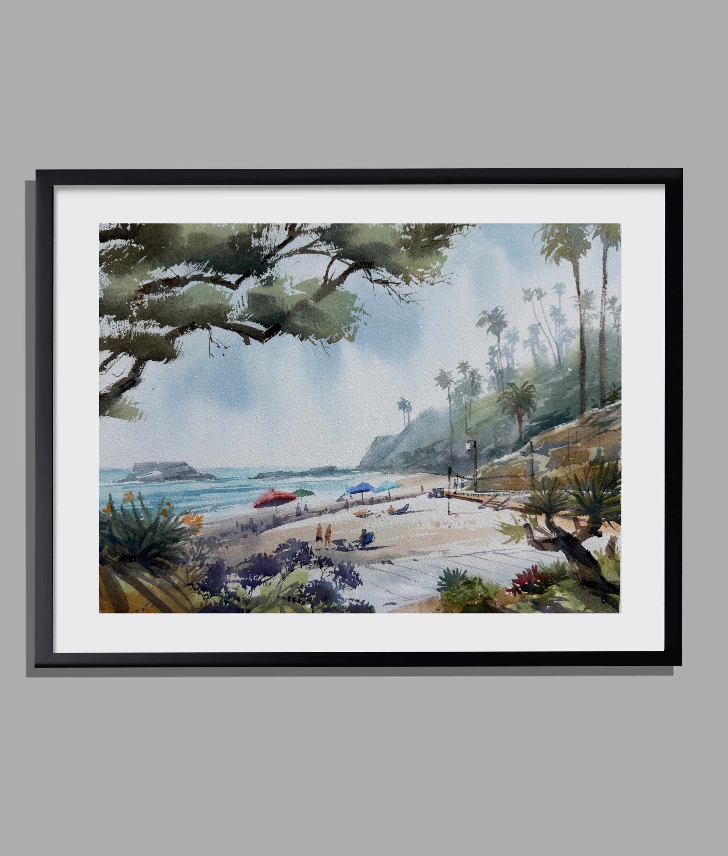 Laguna Beach Scene — Watercolor Beach View with Palm Trees