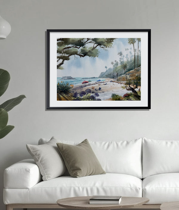 Laguna Beach Scene — Watercolor Beach View with Palm Trees