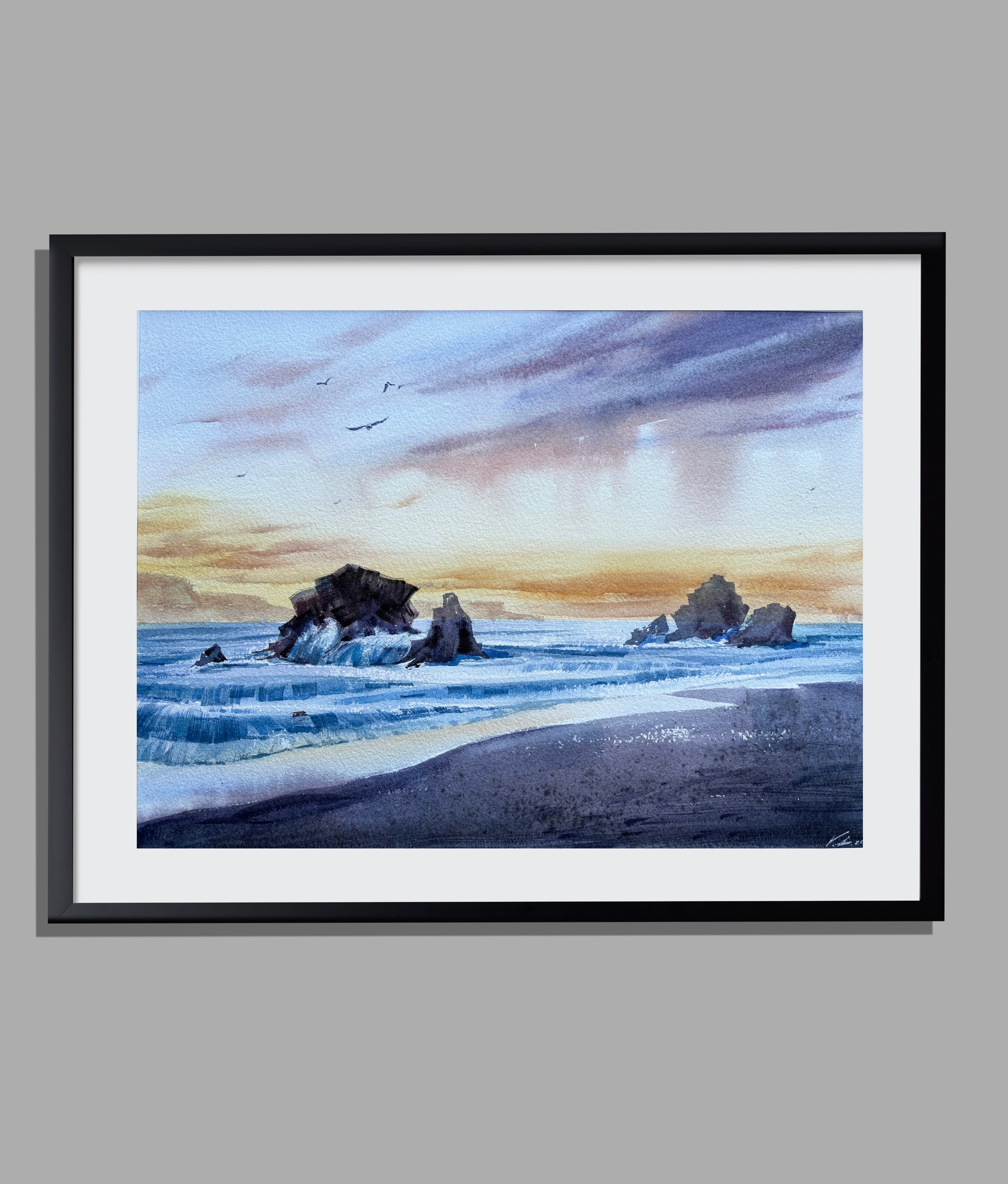 California Seascape — Watercolor Sunset Over the Pacific