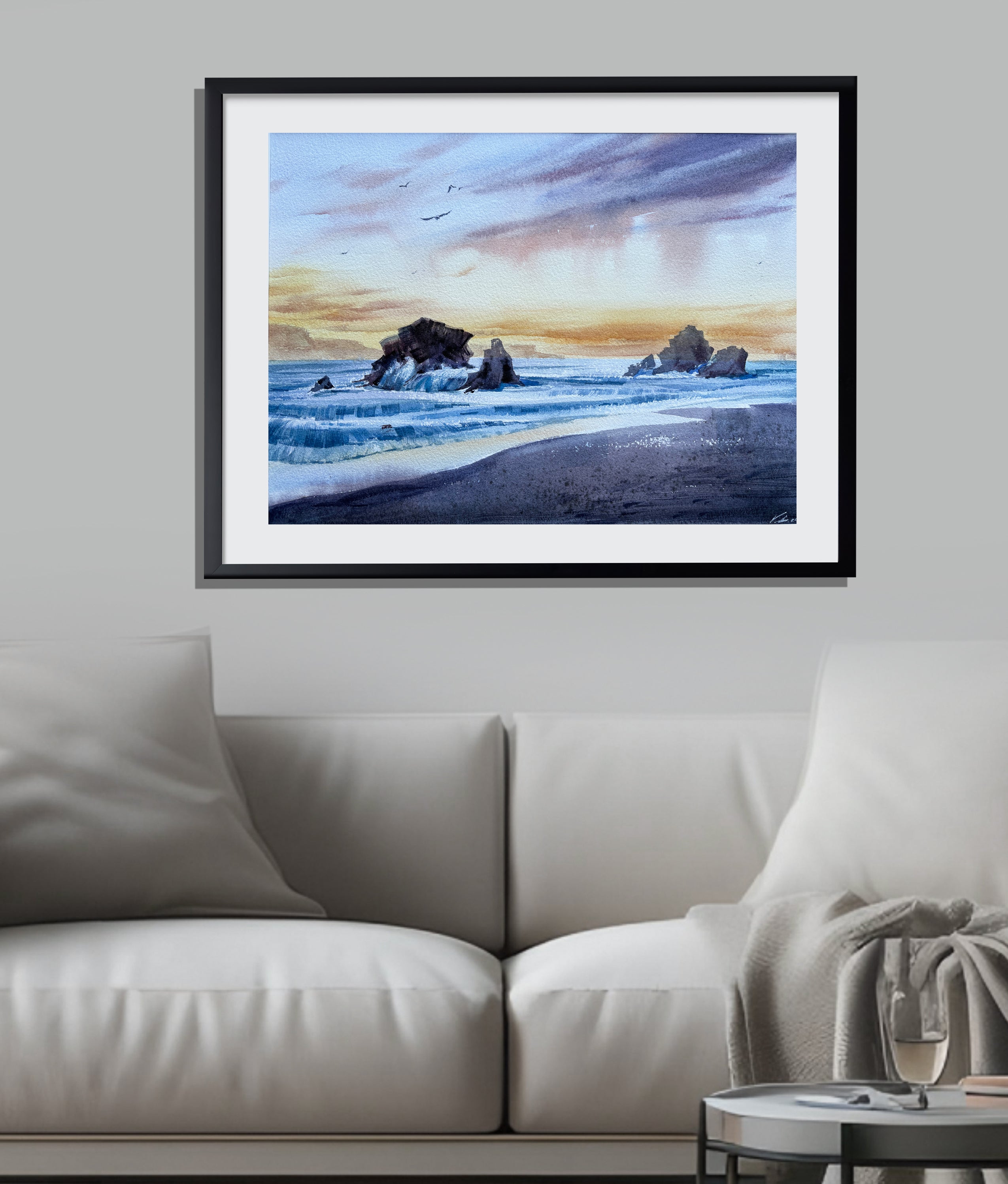 California Seascape — Watercolor Sunset Over the Pacific