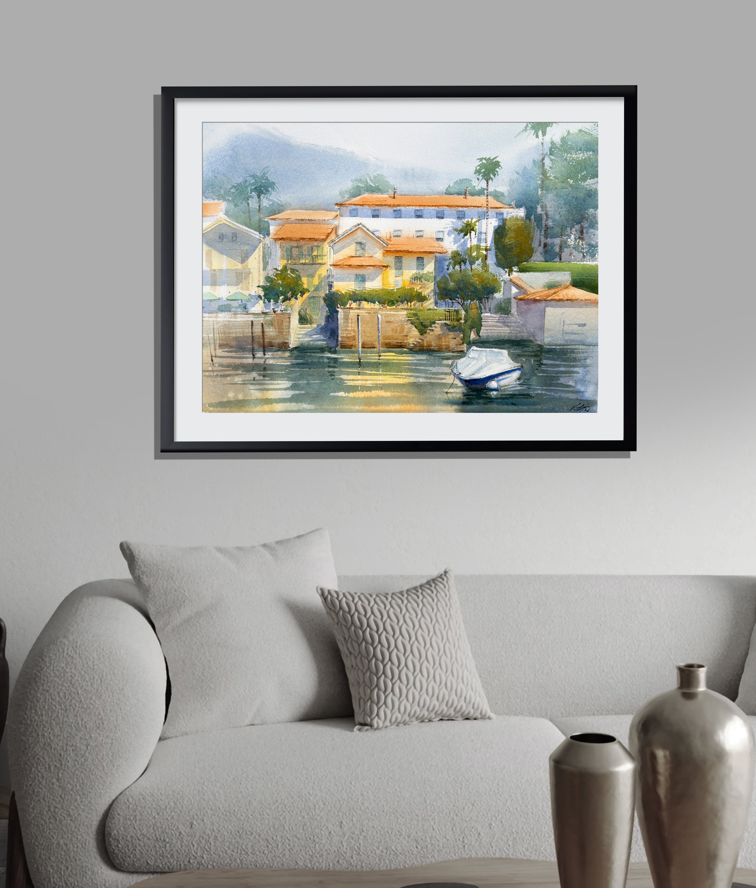 Sunny Lake Como Watercolor Painting — Italian Lakeside Houses & Boat