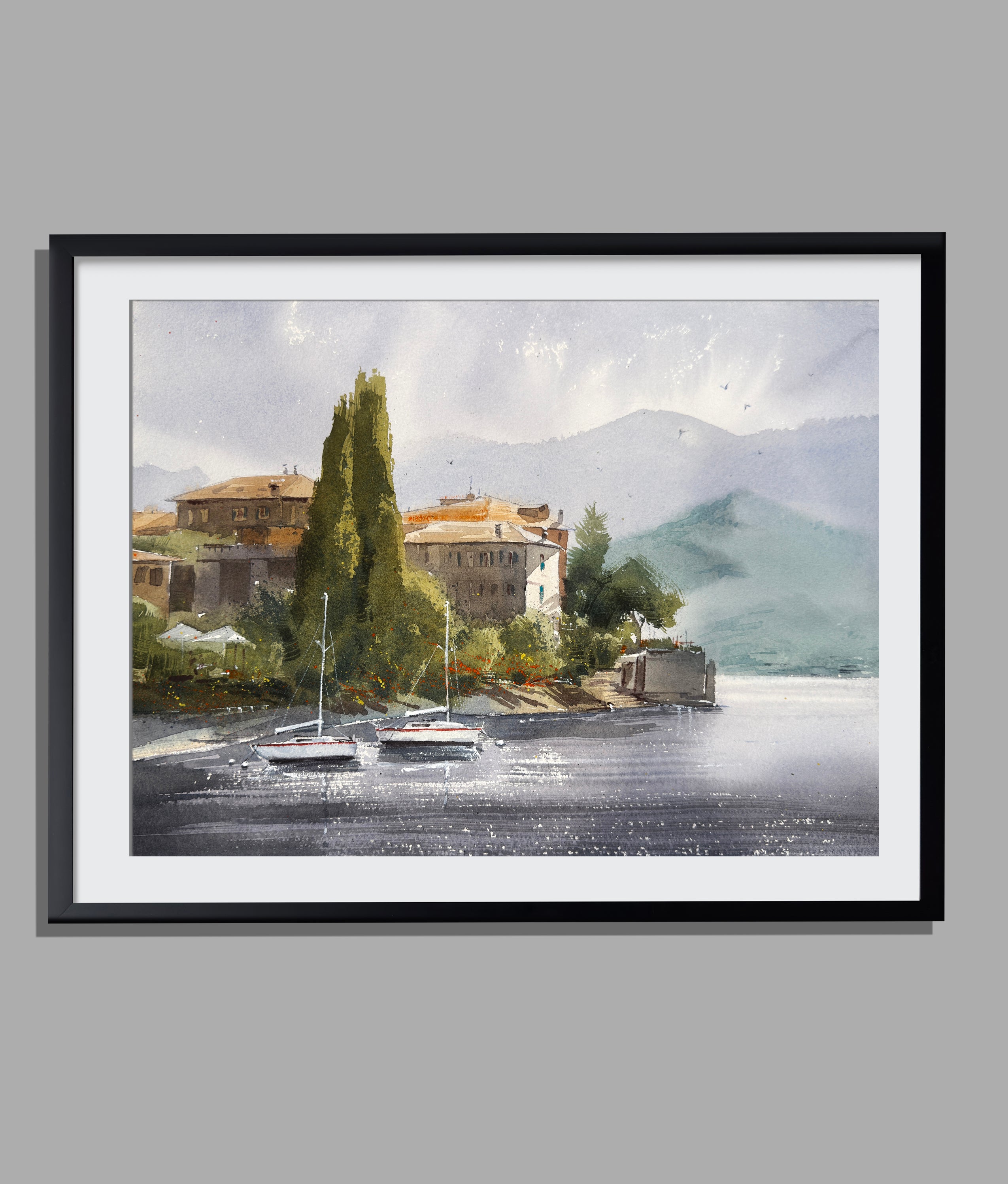 Morning Light Over Lake Como — Watercolor Landscape