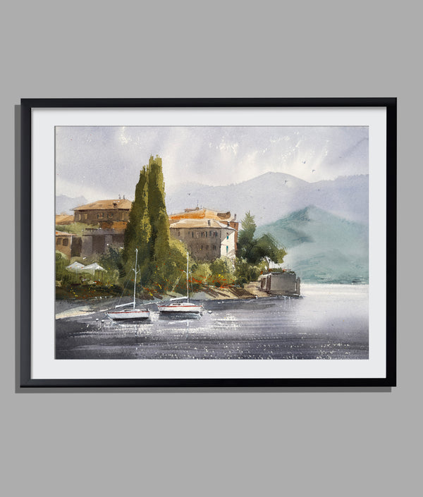 Morning Light Over Lake Como — Watercolor Landscape