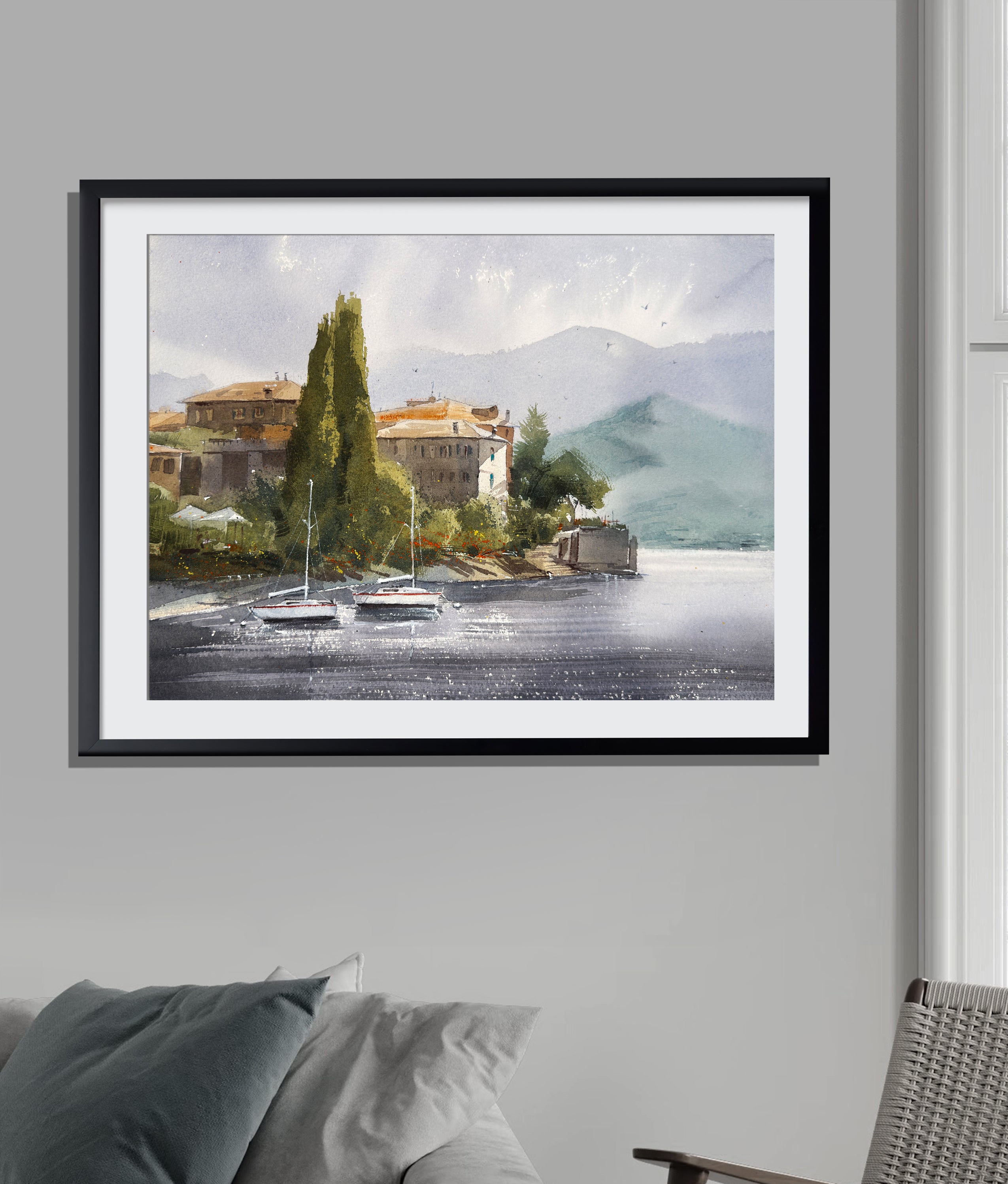 Morning Light Over Lake Como — Watercolor Landscape