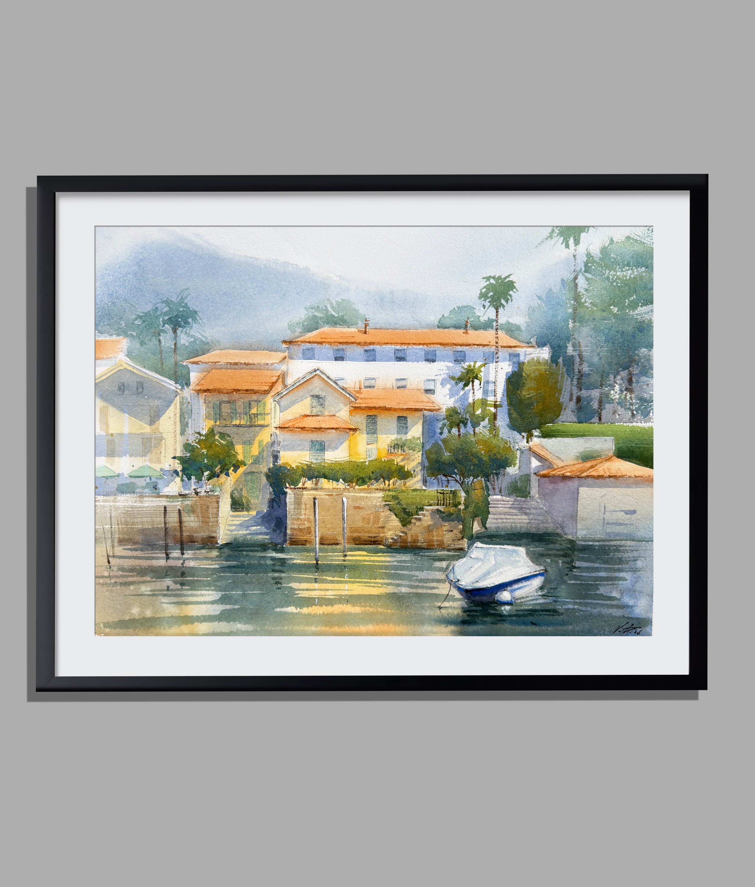 Sunny Lake Como Watercolor Painting — Italian Lakeside Houses & Boat