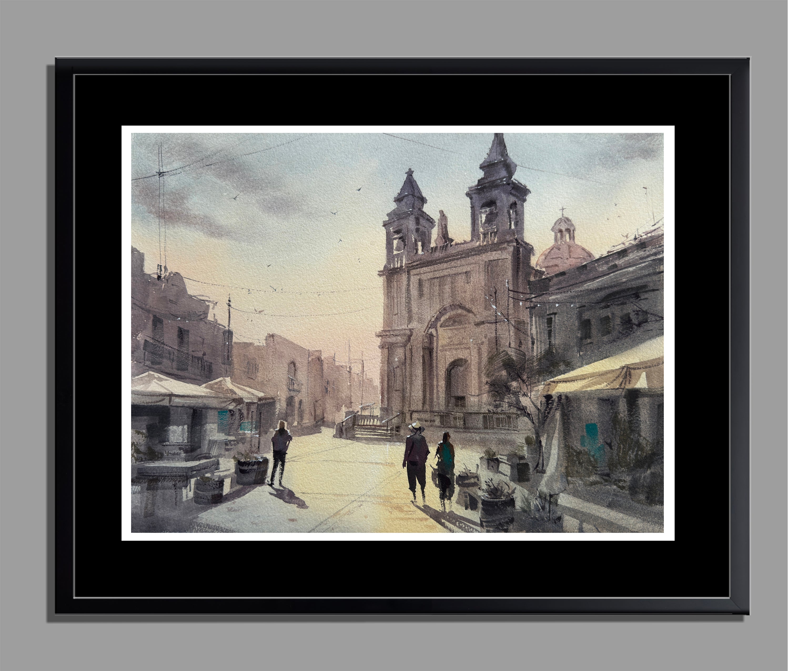 Marsaxlokk, Malta Watercolor Painting | Village Church and Mediterranean Landscape