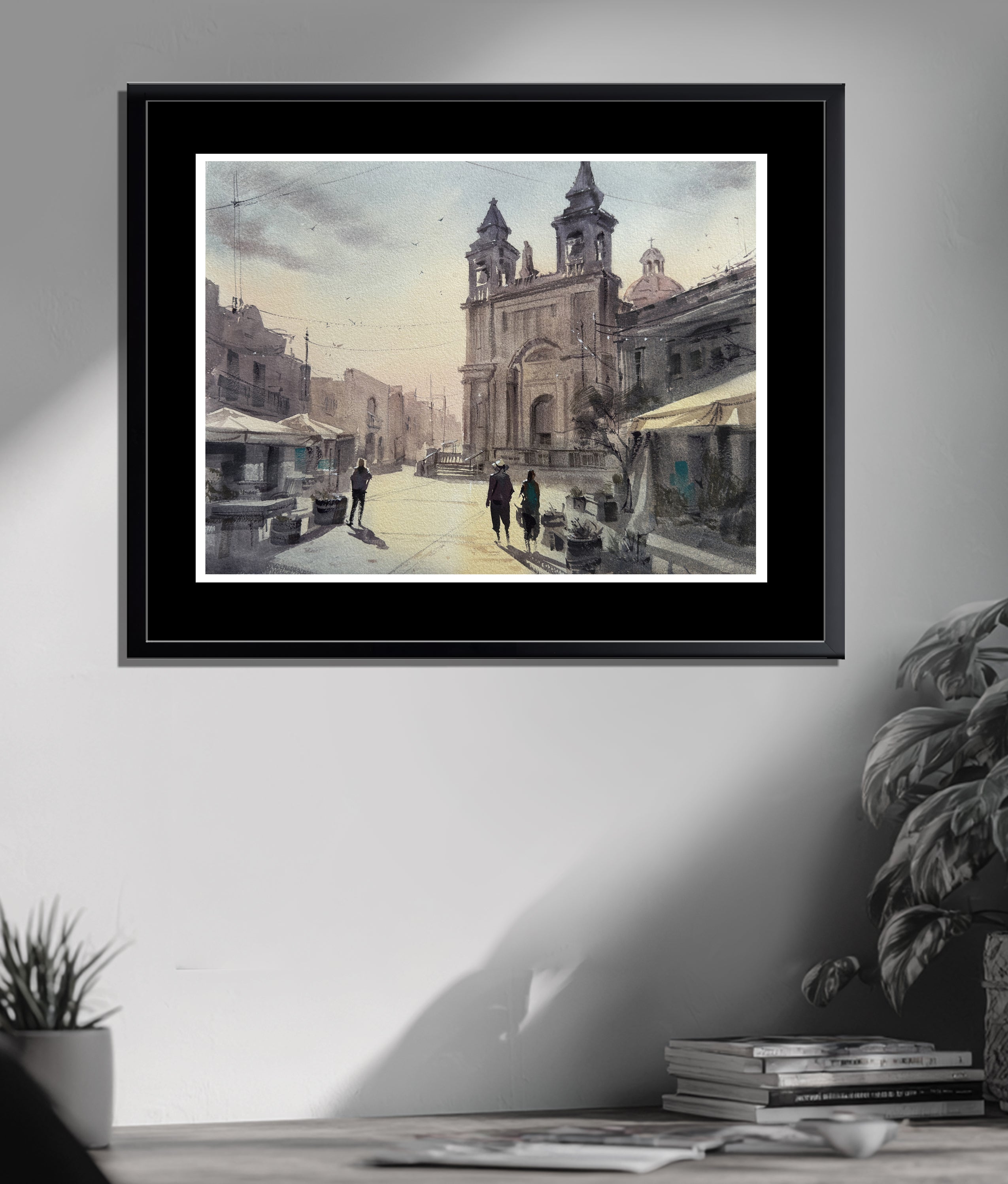 Marsaxlokk, Malta Watercolor Painting | Village Church and Mediterranean Landscape