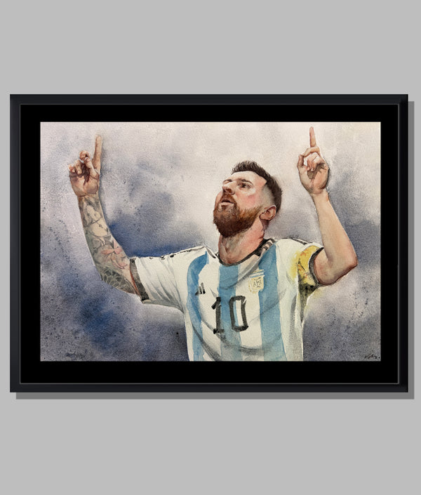 Lionel Messi Watercolor — Argentina Jersey, Arms Raised