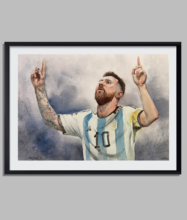 Lionel Messi Watercolor — Argentina Jersey, Arms Raised