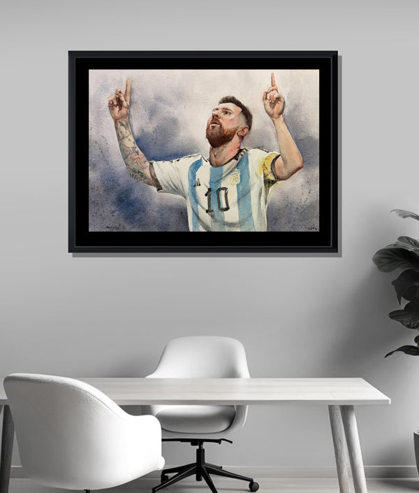 Lionel Messi Watercolor — Argentina Jersey, Arms Raised
