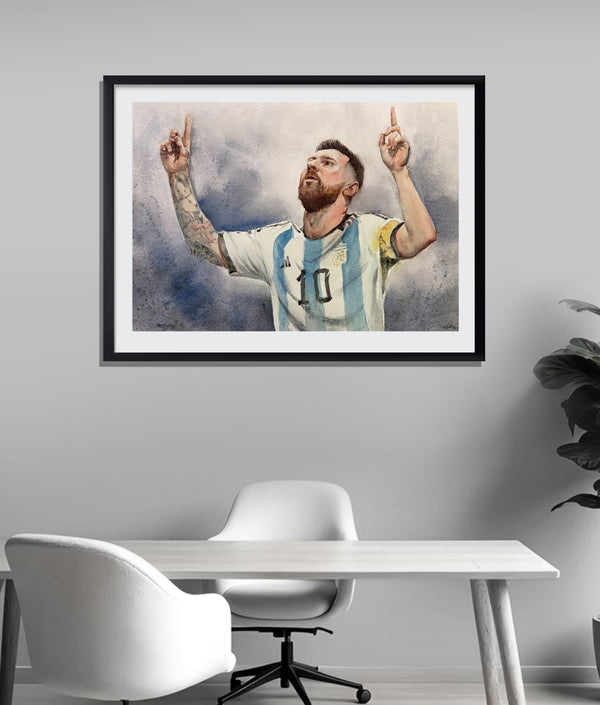 Lionel Messi Watercolor — Argentina Jersey, Arms Raised