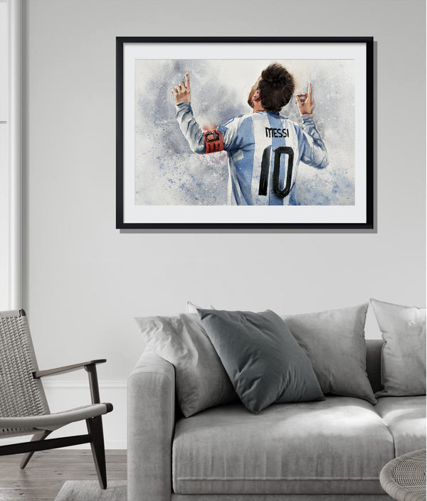 Messi Watercolor Painting — Lionel Messi in Argentina Jersey