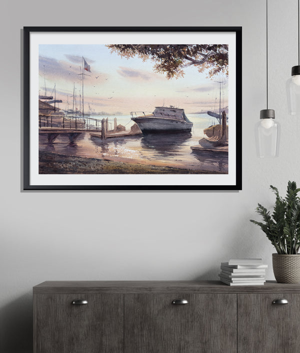 Newport Sunset: Watercolor Boat at Dusk