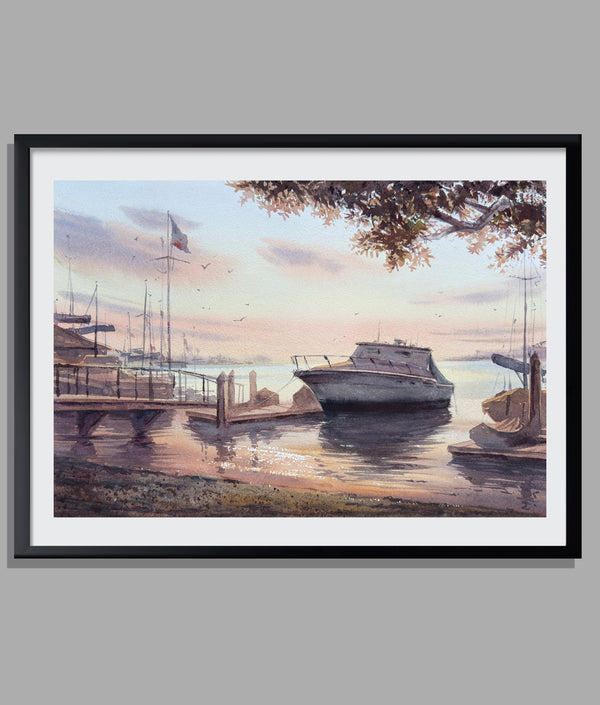 Newport Sunset: Watercolor Boat at Dusk