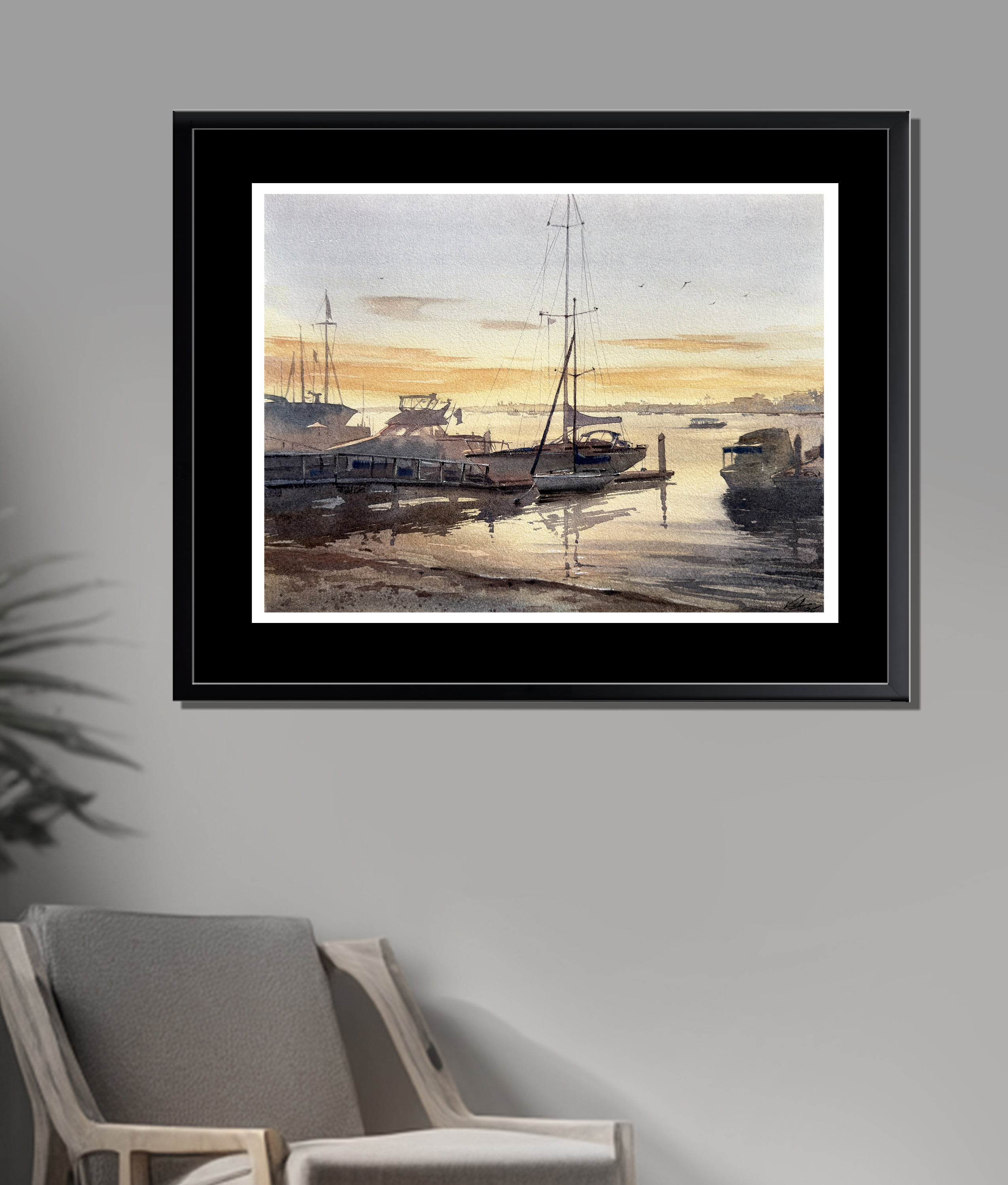 Sunset at Newport Beach — Watercolor Painting of Newport Beach Coastline, USA