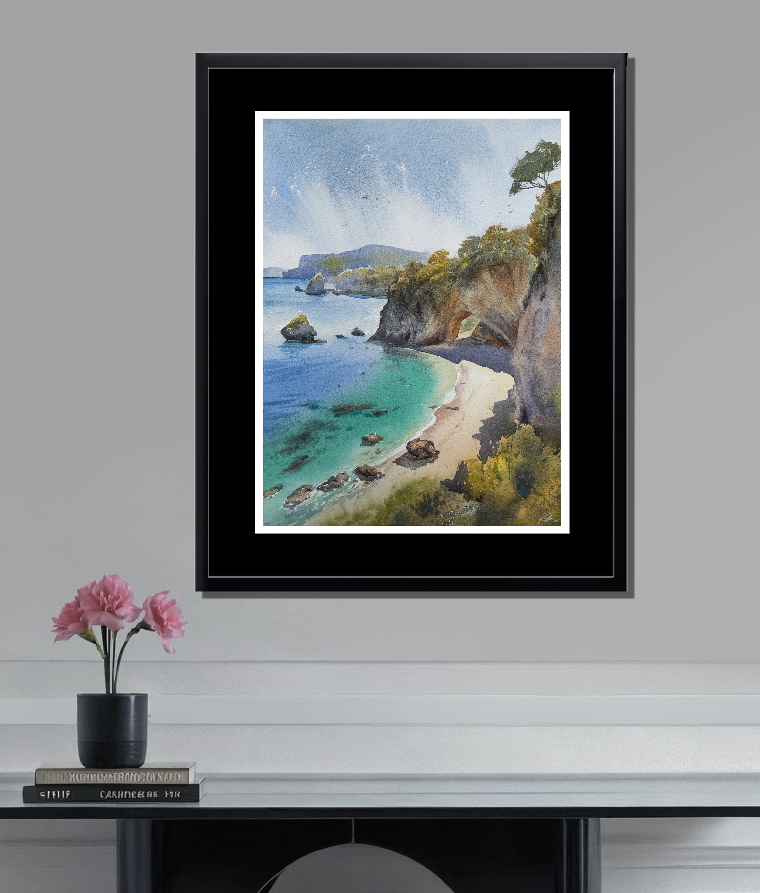 Cathedral Cove Watercolor — New Zealand Turquoise Sea