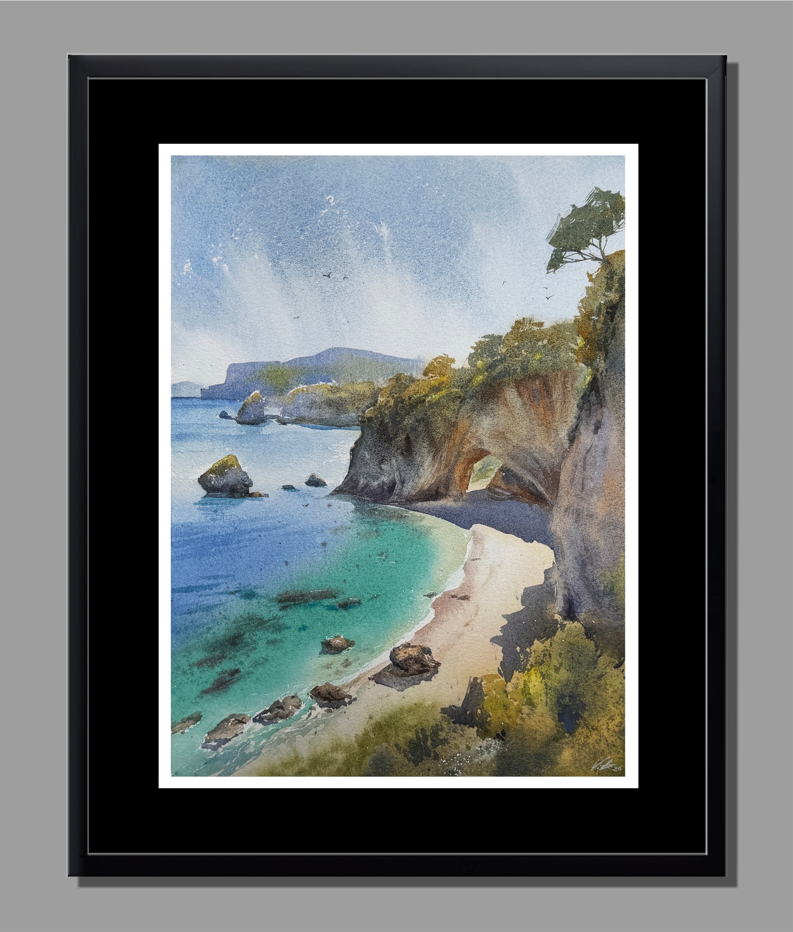 Cathedral Cove Watercolor — New Zealand Turquoise Sea