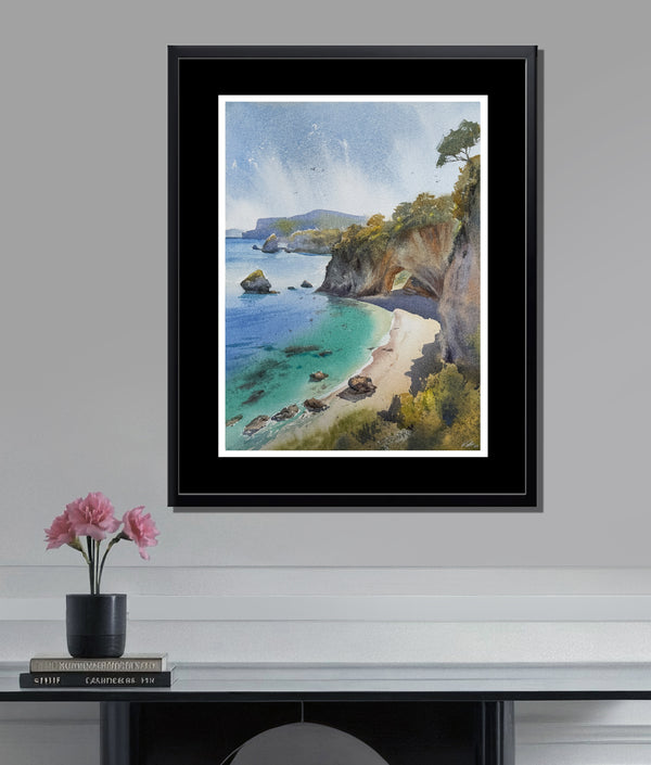 Cathedral Cove Watercolor — New Zealand Turquoise Sea