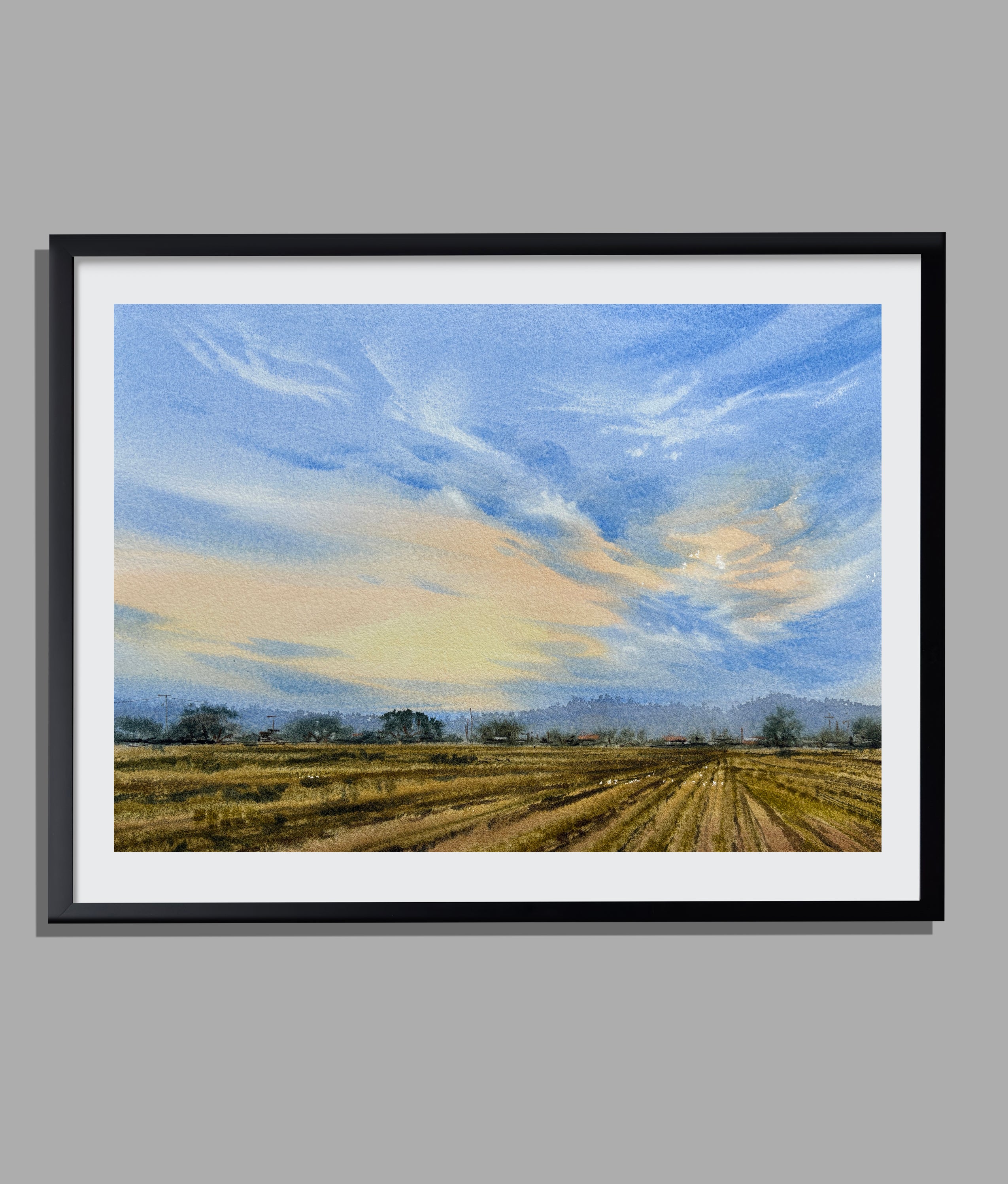 Bluish Sunset Valley — Original Watercolor Landscape Painting, Wall Art