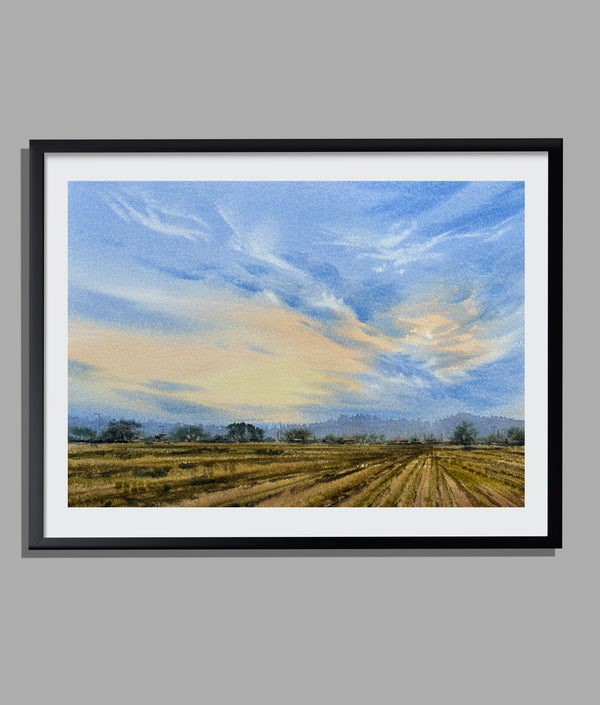 Bluish Sunset Valley — Original Watercolor Landscape Painting, Wall Art