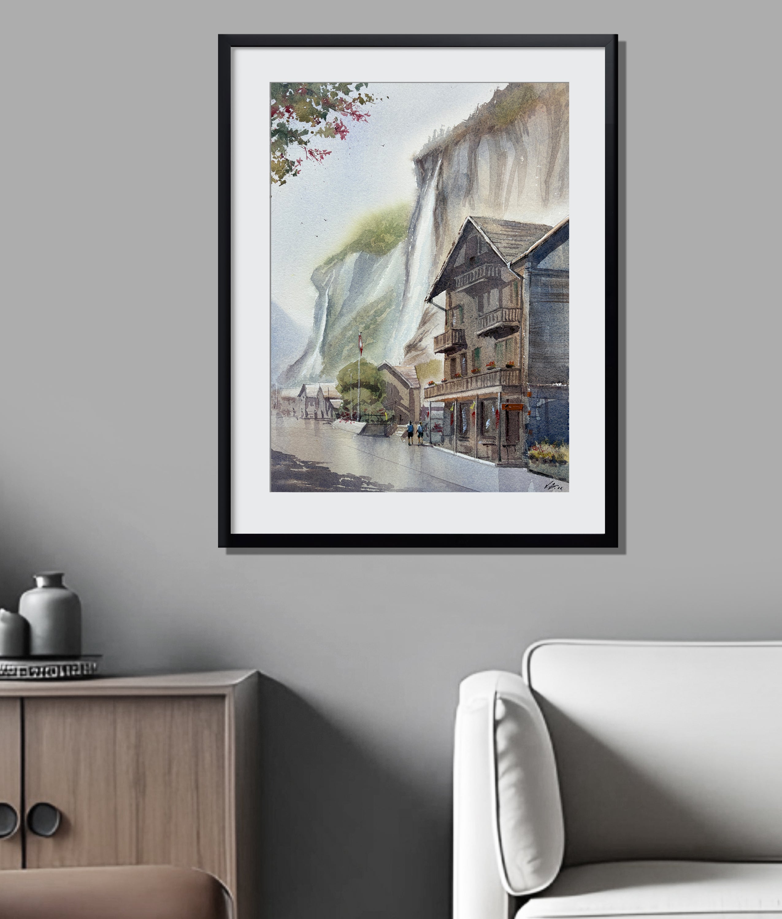 Lauterbrunnen Watercolor Painting — Swiss Waterfalls & Alps