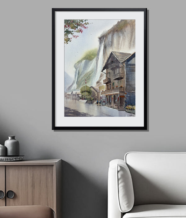 Lauterbrunnen Watercolor Painting — Swiss Waterfalls & Alps