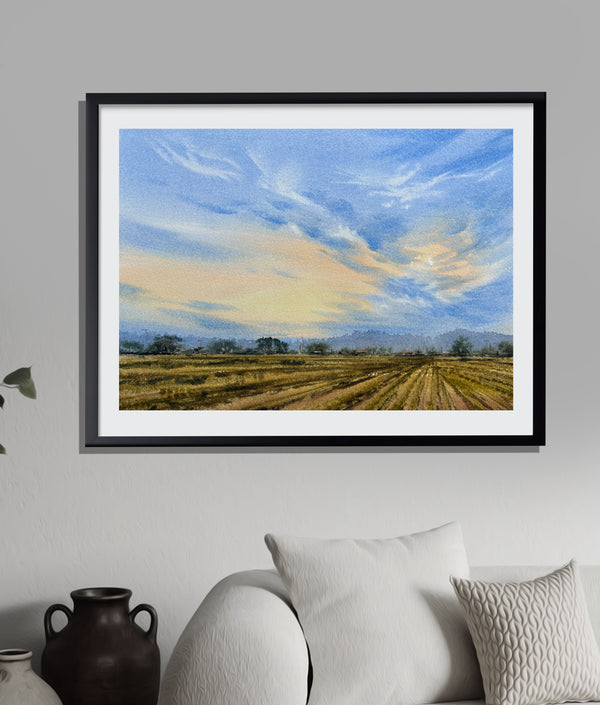 Bluish Sunset Valley — Original Watercolor Landscape Painting, Wall Art