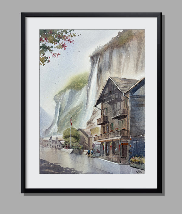 Lauterbrunnen Watercolor Painting — Swiss Waterfalls & Alps