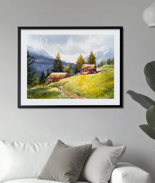 Swiss Mountains Watercolor — Cottages & Yellow Hills