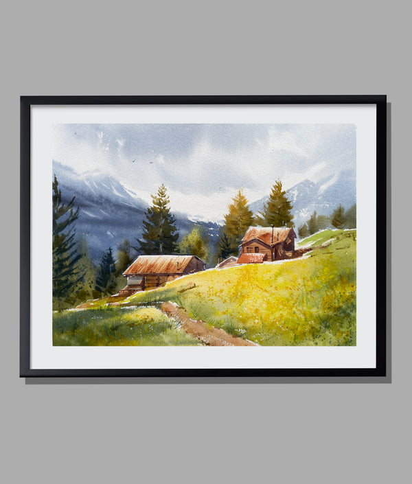 Swiss Mountains Watercolor — Cottages & Yellow Hills