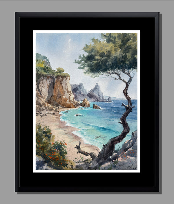 Turquoise Waters Watercolor — Cliffside Seascape with Lone Tree