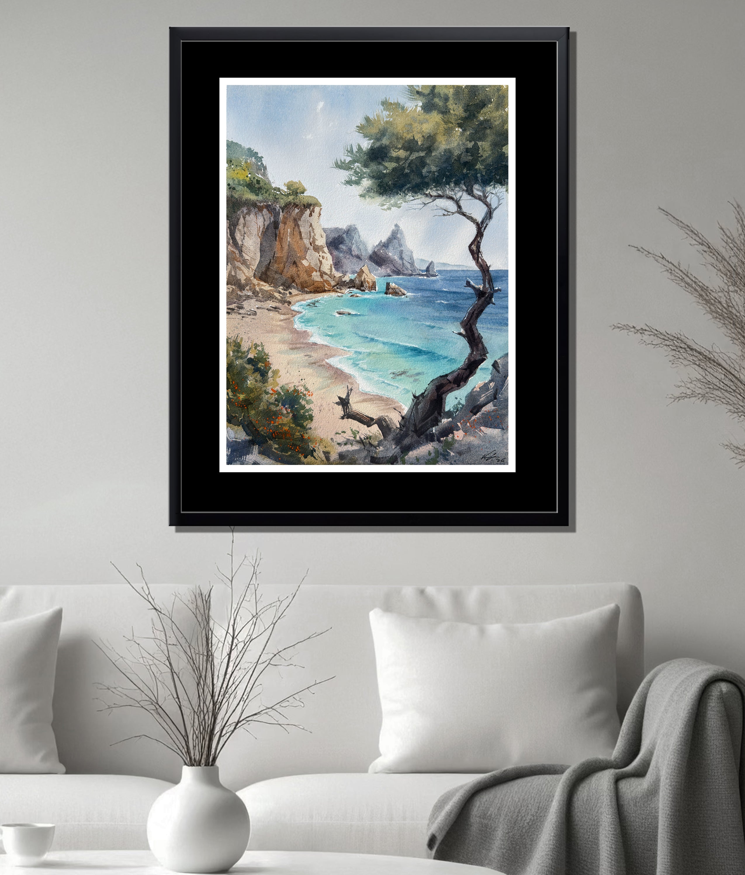 Turquoise Waters Watercolor — Cliffside Seascape with Lone Tree