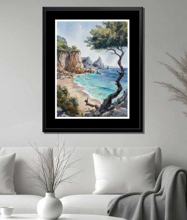 Turquoise Waters Watercolor — Cliffside Seascape with Lone Tree