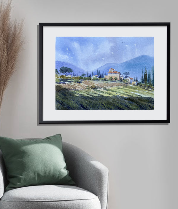 Tuscan Sunlit Hills — Watercolor Landscape